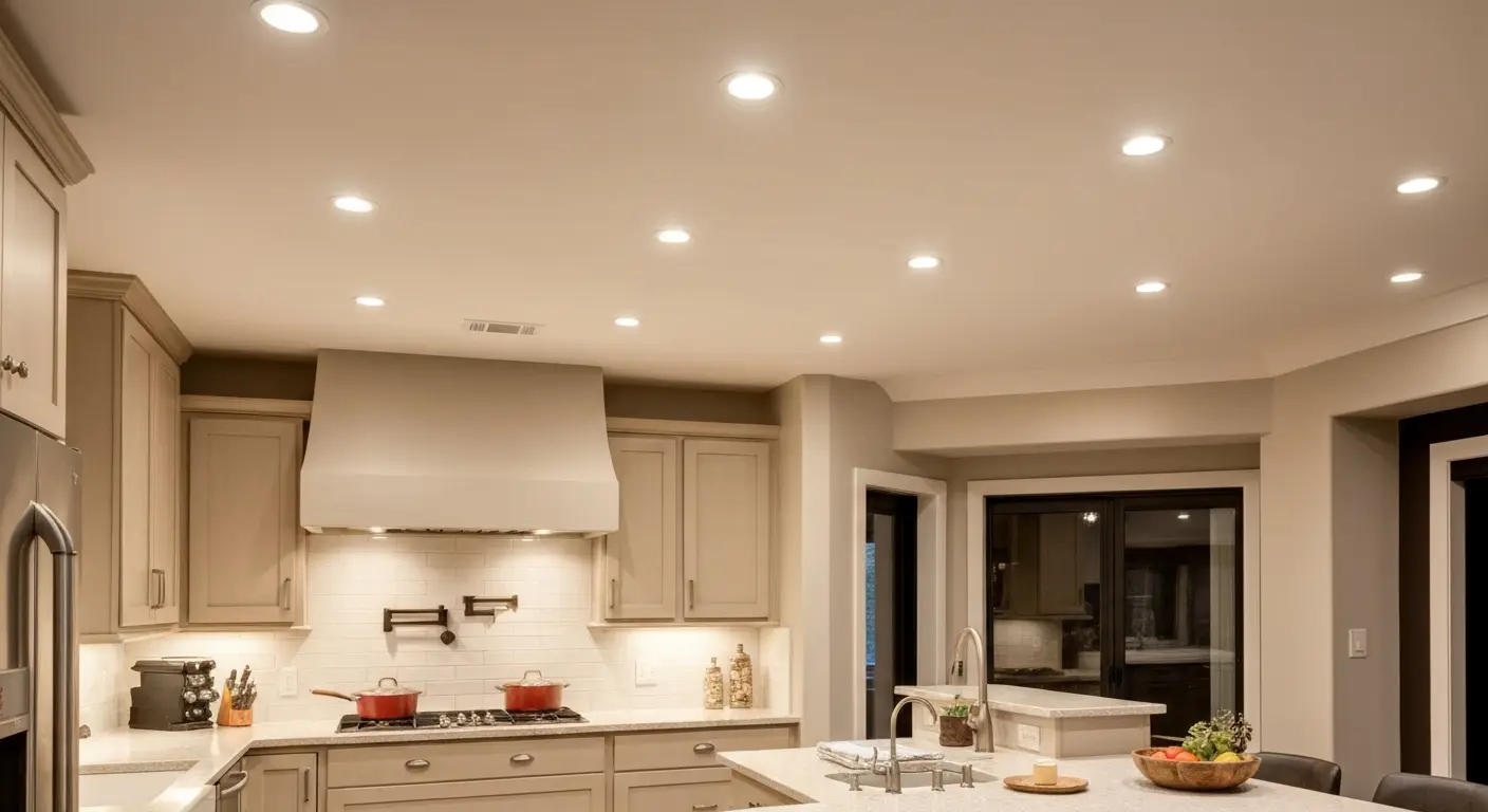 Recessed ceiling lights in a modern kitchen