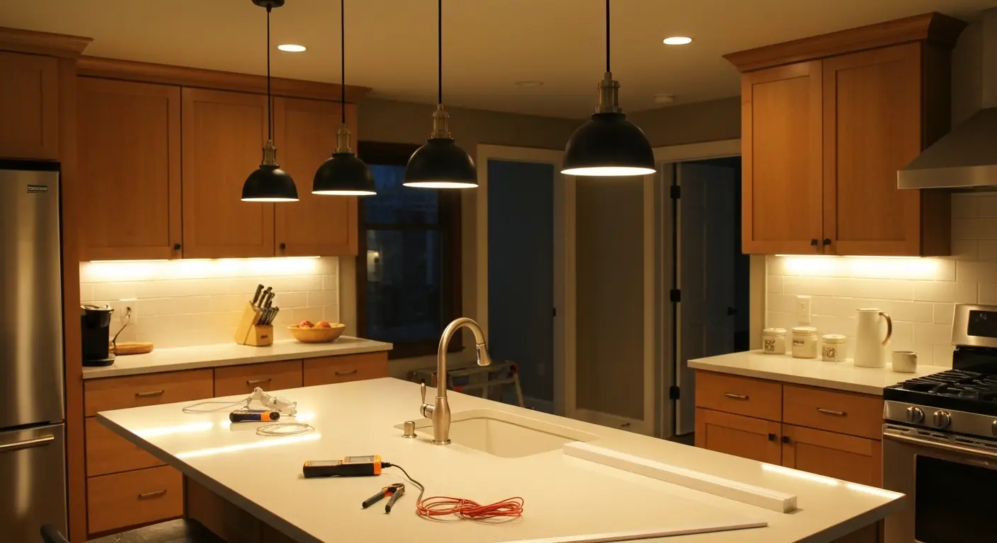 Kitchen lighting installation with pendants
