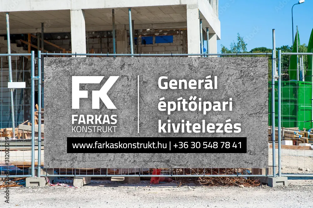 A képen a Farkas-Konstrukt Kft. generálkivitelezéshez kapcsolódó munkaterülete látható Komáromban. A háttérben egy építkezés folyik, amelyen láthatók a betonszerkezetek és az építési anyagok. Elöl egy reklámtábla hirdeti a cég nevét és elérhetőségét, hangsúlyozva a szakmai szolgáltatásaikat.