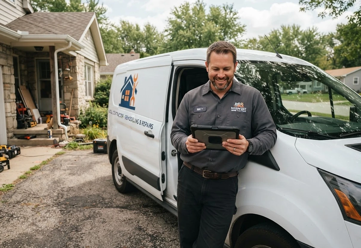 Business owner beside company van