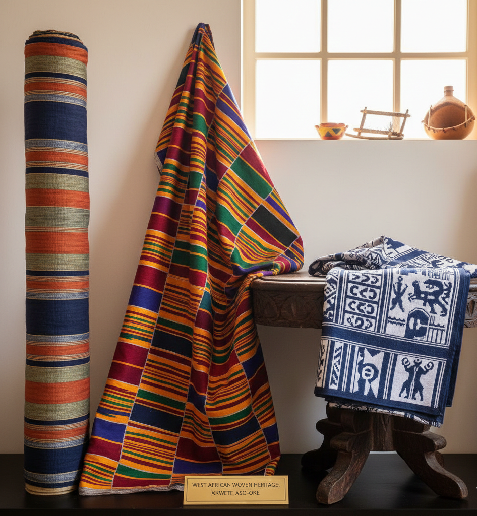 Traditional West African woven textiles featuring colorful Ghanaian Kente cloth, Nigerian Akwete fabric with intricate geometric patterns, and striped Yoruba Aso-Oke displayed on a wooden table. Traditional West African woven textiles featuring colorful Ghanaian Kente cloth, Nigerian Akwete fabric with intricate geometric patterns, and striped Yoruba Aso-Oke displayed on a wooden table.