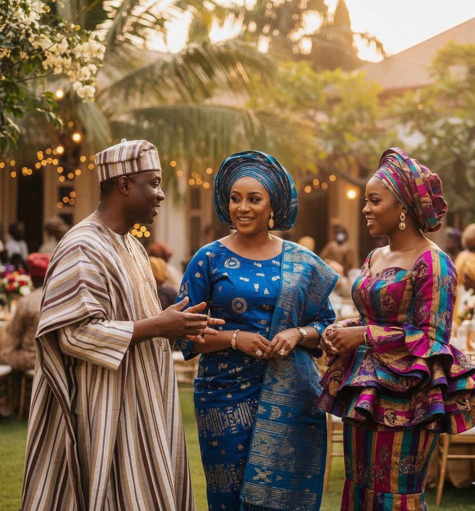 Yoruba people at a celebration wearing traditional Aso-Oke outfits including an Agbada and elaborate Gele headties, showcasing the structured texture and bold vertical stripes of the "superior cloth" from Nigeria. Yoruba people at a celebration wearing traditional Aso-Oke outfits including an Agbada and elaborate Gele headties, showcasing the structured texture and bold vertical stripes of the "superior cloth" from Nigeria.