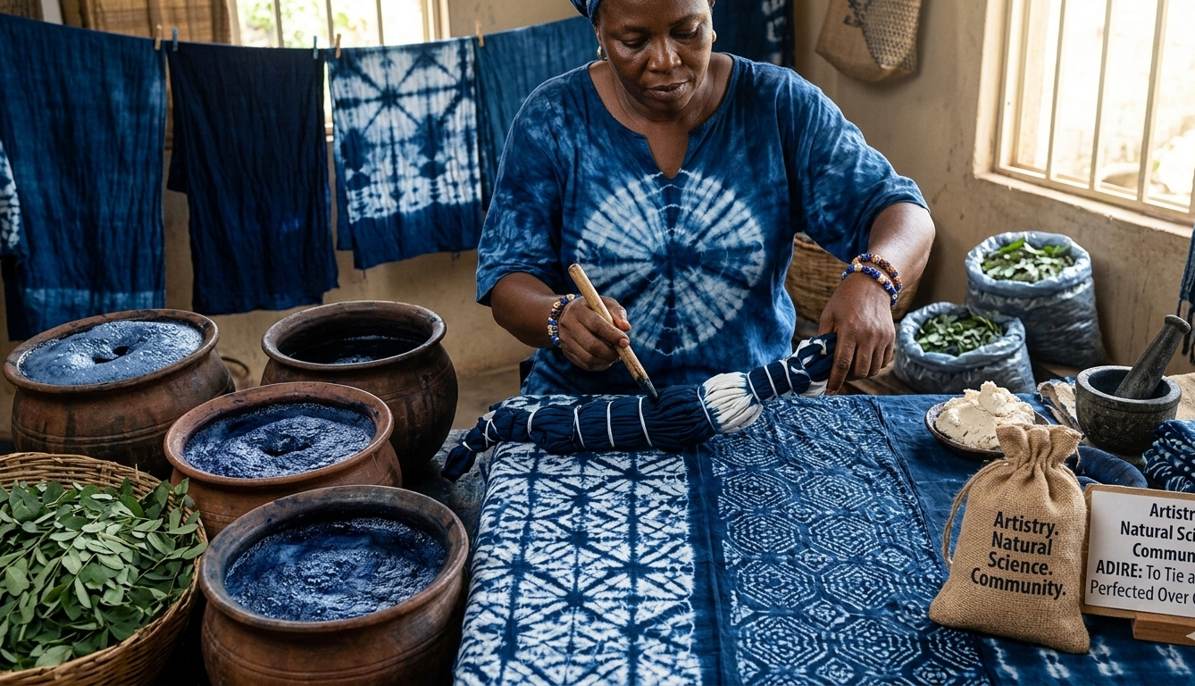 Traditional West African woven textiles featuring colorful Ghanaian Kente cloth, Nigerian Akwete fabric with intricate geometric patterns, and striped Yoruba Aso-Oke displayed on a wooden table.