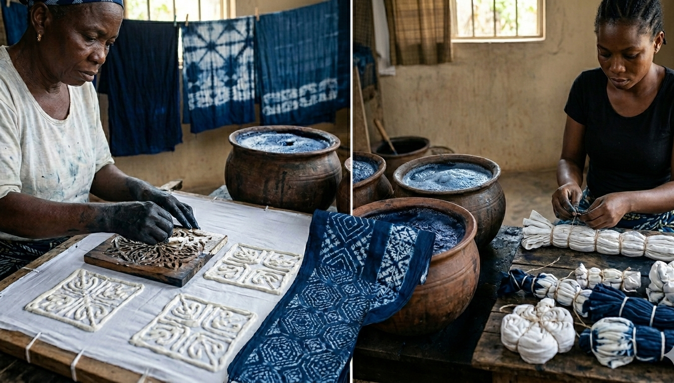 Yoruba people at a celebration wearing traditional Aso-Oke outfits including an Agbada and elaborate Gele headties, showcasing the structured texture and bold vertical stripes of the "superior cloth" from Nigeria.
