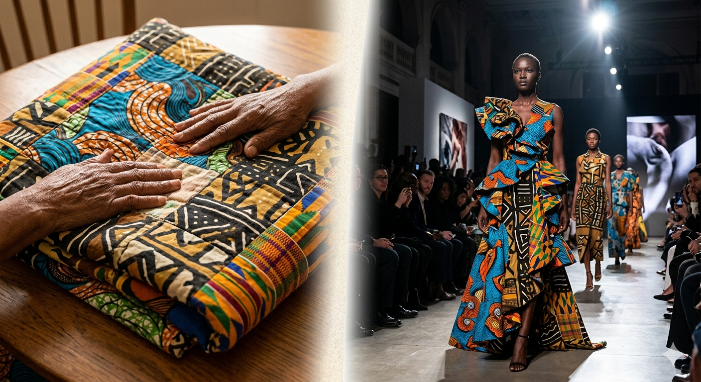 Traditional West African woven textiles featuring colorful Ghanaian Kente cloth, Nigerian Akwete fabric with intricate geometric patterns, and striped Yoruba Aso-Oke displayed on a wooden table. Traditional West African woven textiles featuring colorful Ghanaian Kente cloth, Nigerian Akwete fabric with intricate geometric patterns, and striped Yoruba Aso-Oke displayed on a wooden table.