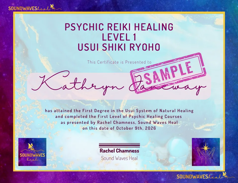 Sample Psychic Reiki Healing Level 1 certificate marked sample