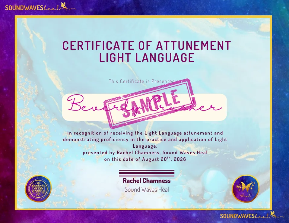 Sample Light Language Certificate of Attunement marked sample