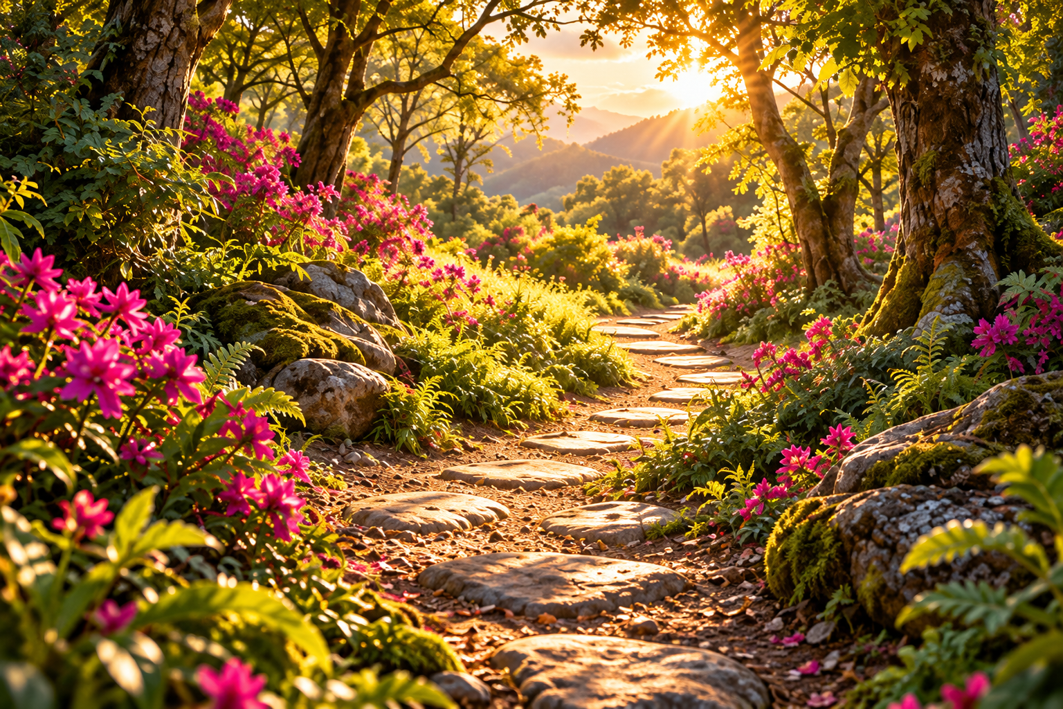 An inviting woodland path with magenta flowers leading toward warm sunlight.
