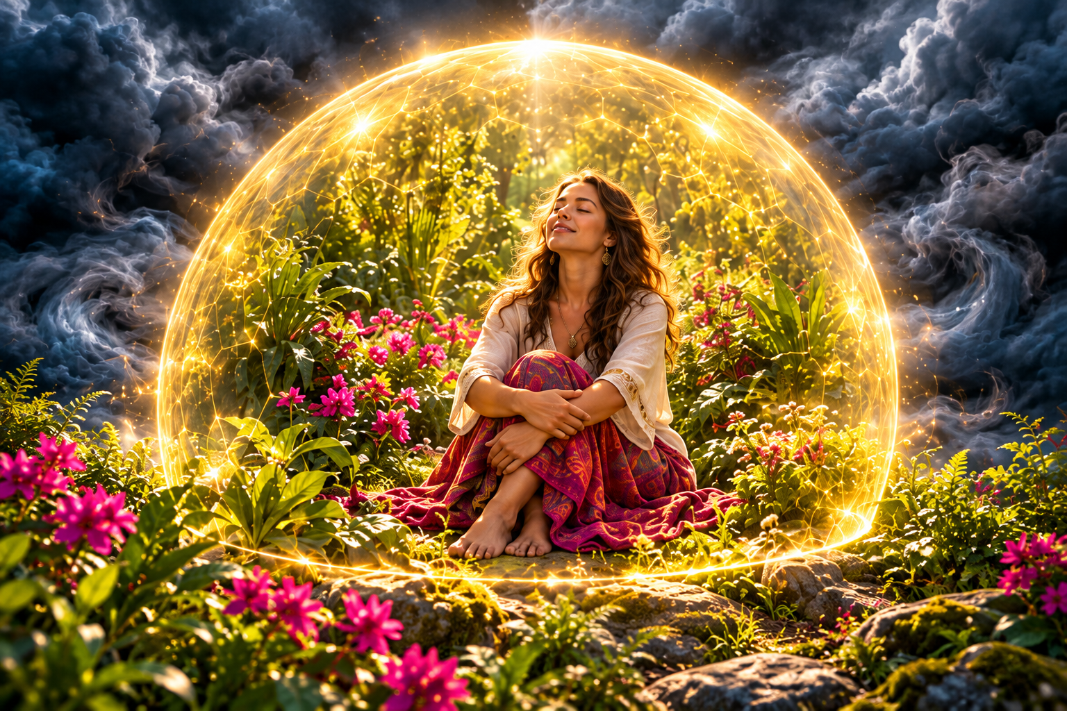 A peaceful woman in a garden protected by a golden sphere, with storm clouds outside.
