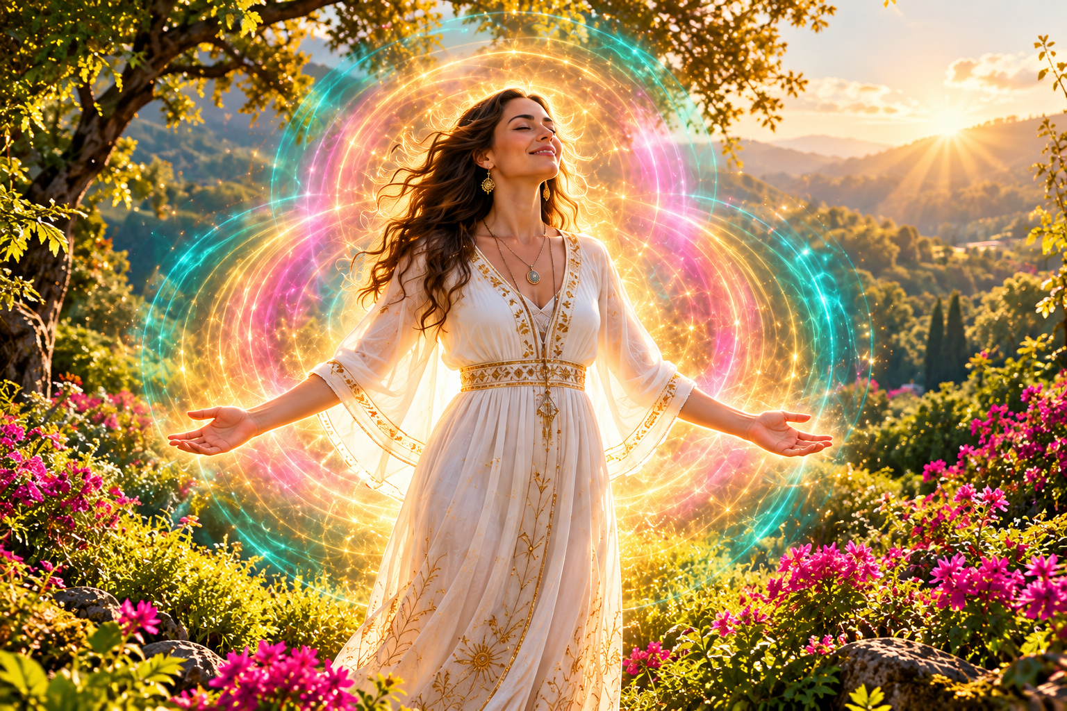A woman opens her arms in a sunlit garden as a luminous aura expands around her.