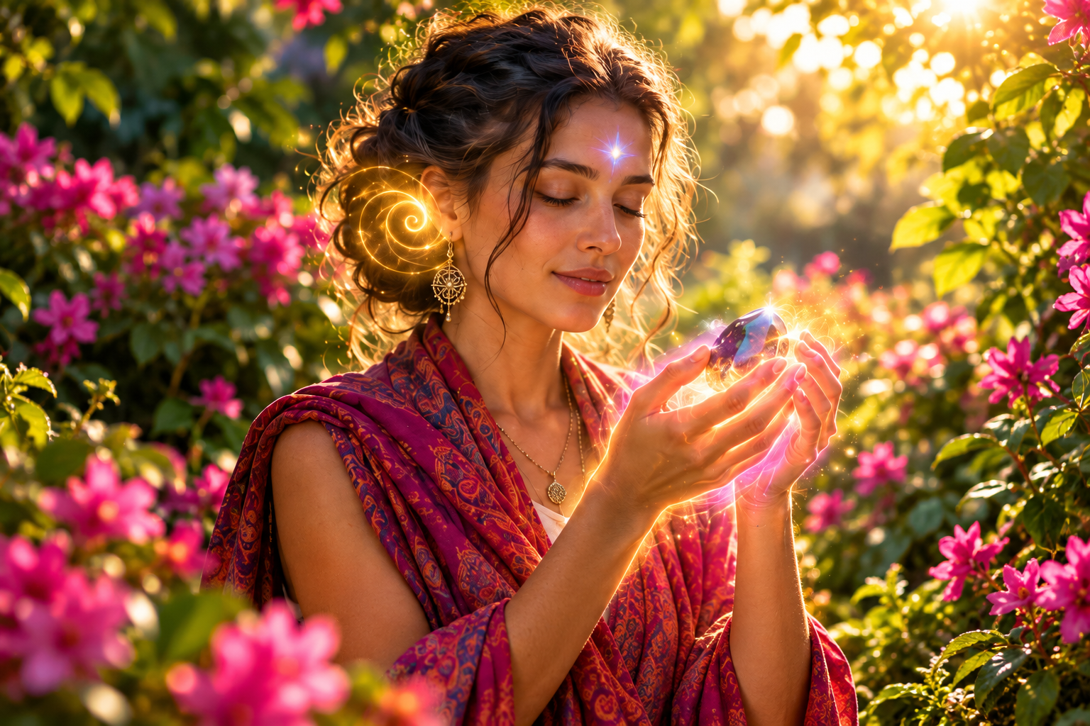 A serene woman with light around her ear, third eye, and hands.