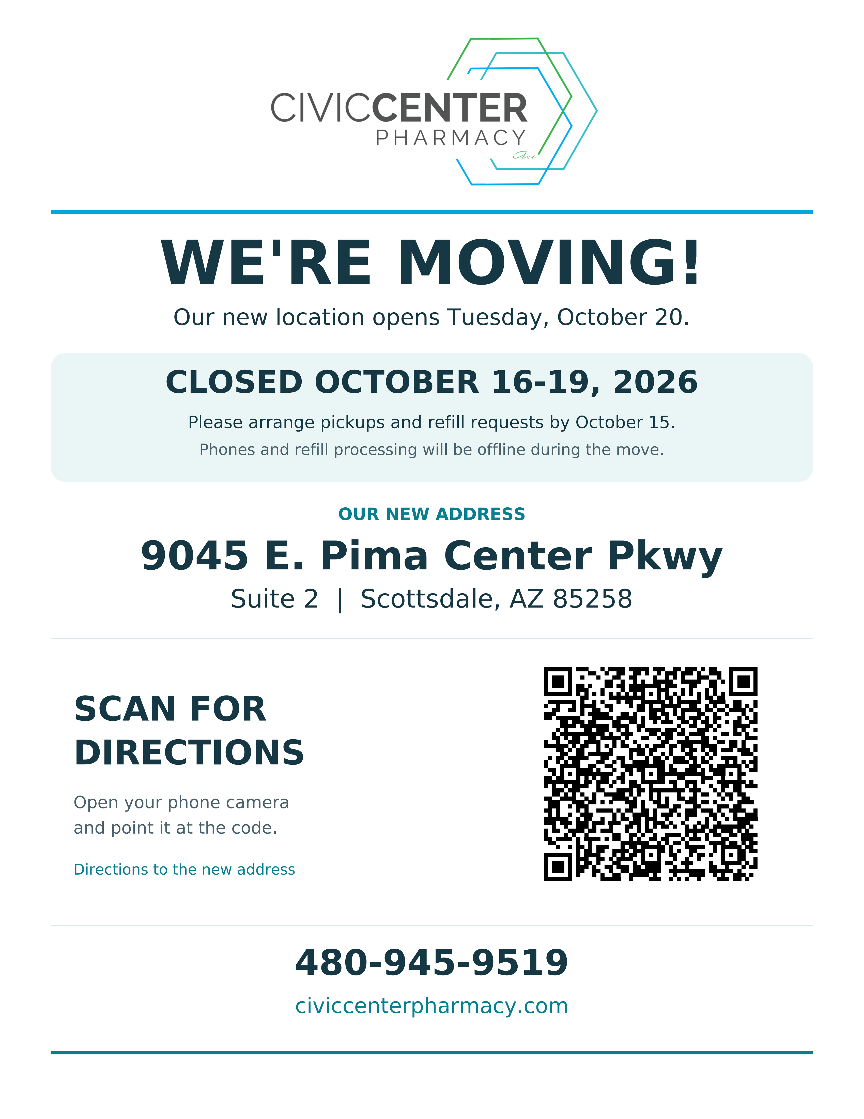 Civic Center Pharmacy relocation flyer: new location opens October 20, 2026. Closed October 16–19; arrange pickups and refill requests by October 15. New address: 9045 E. Pima Center Pkwy, Suite 2, Scottsdale, AZ 85258. Phone: 480-945-9519.
