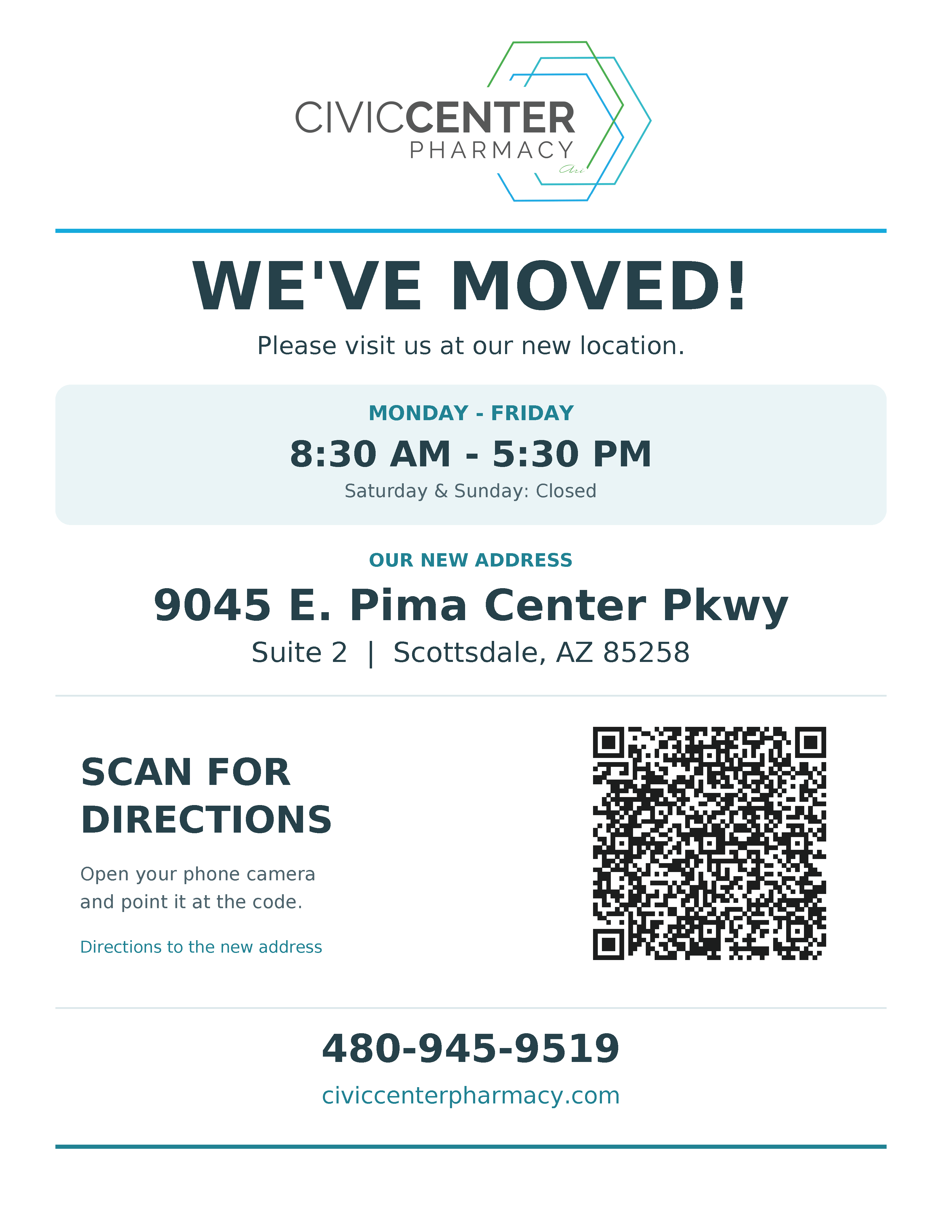 Civic Center Pharmacy relocation flyer: new location opens October 20, 2026. Closed October 16–19; arrange pickups and refill requests by October 15. New address: 9045 E. Pima Center Pkwy, Suite 2, Scottsdale, AZ 85258. Phone: 480-945-9519.