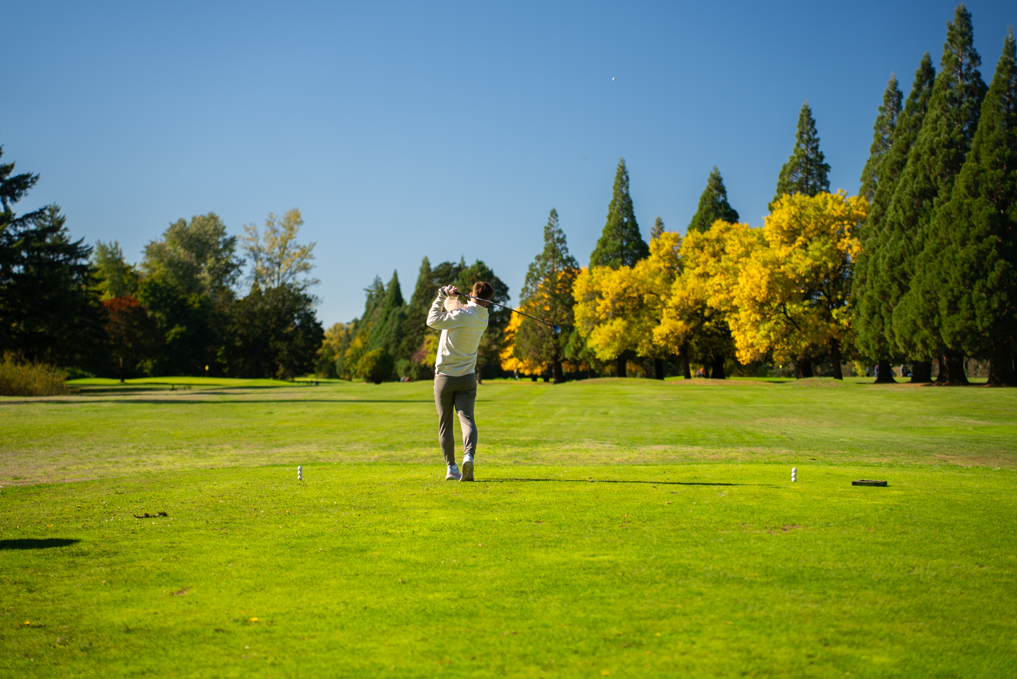Golfer swinging on fairway