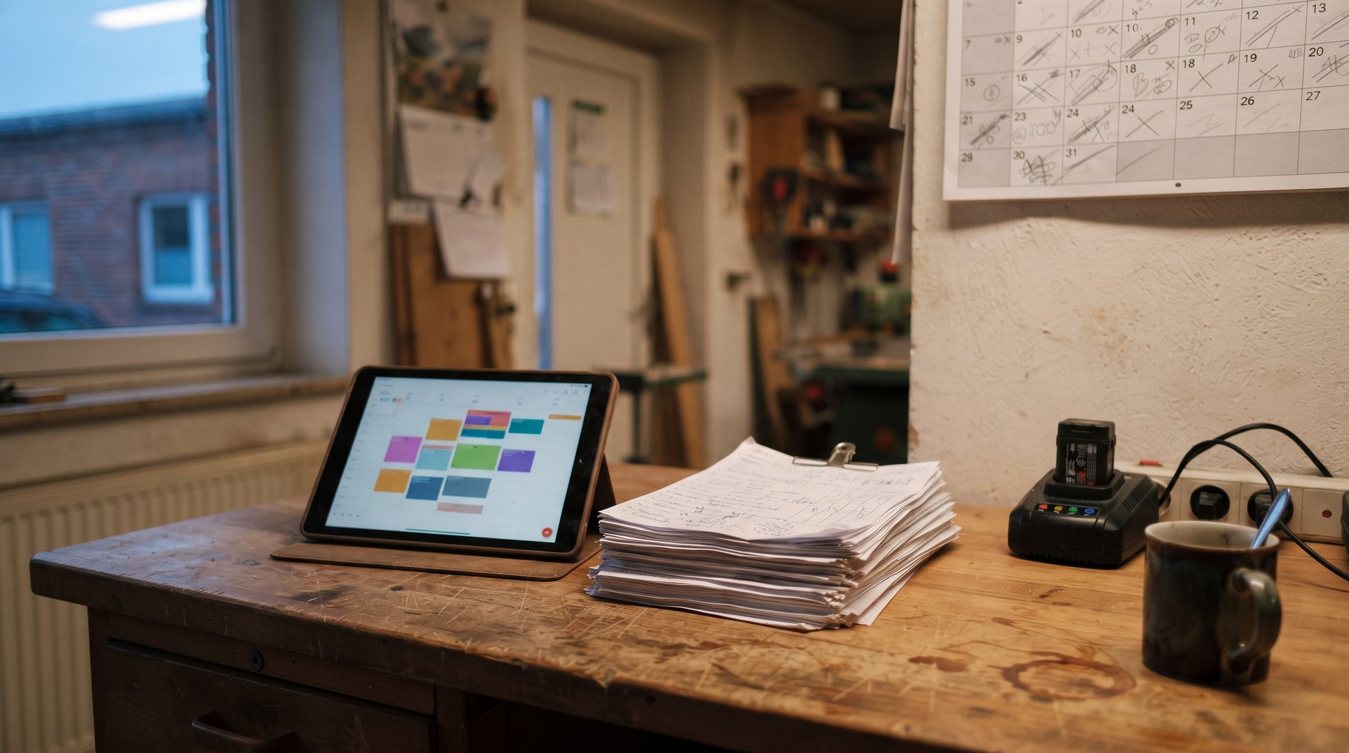 Büro eines Handwerksbetriebs: Tablet mit digitalem Kalender neben einem Stapel handschriftlicher Auftragszettel auf dem Schreibtisch