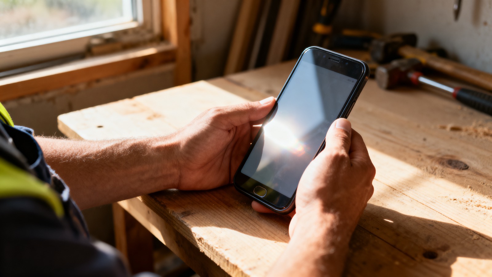 Handwerker prüft am Werkbank auf dem Smartphone die Bewertungen seines Betriebs