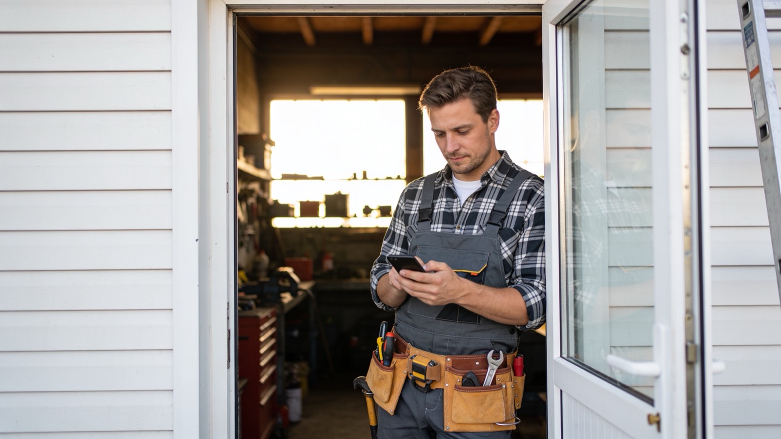 Handwerker steht in der Werkstatttür und prüft auf dem Smartphone seine lokale Sichtbarkeit bei Google