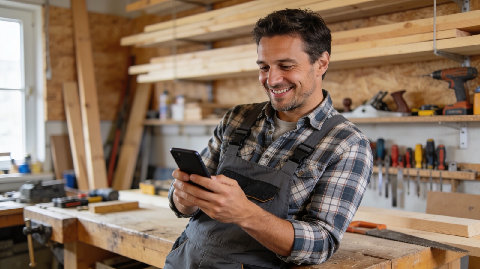 Handwerker in seiner Werkstatt schaut auf dem Smartphone Kundenbewertungen an, statt nur auf Empfehlungen zu warten