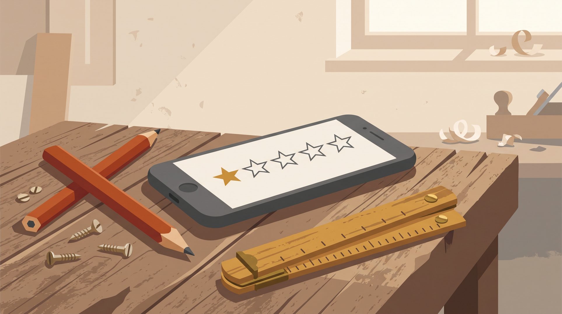 Illustration eines Smartphones auf einer Werkbank, dessen Bildschirm eine 1-Stern-Bewertung zeigt, daneben Bleistift und Zollstock