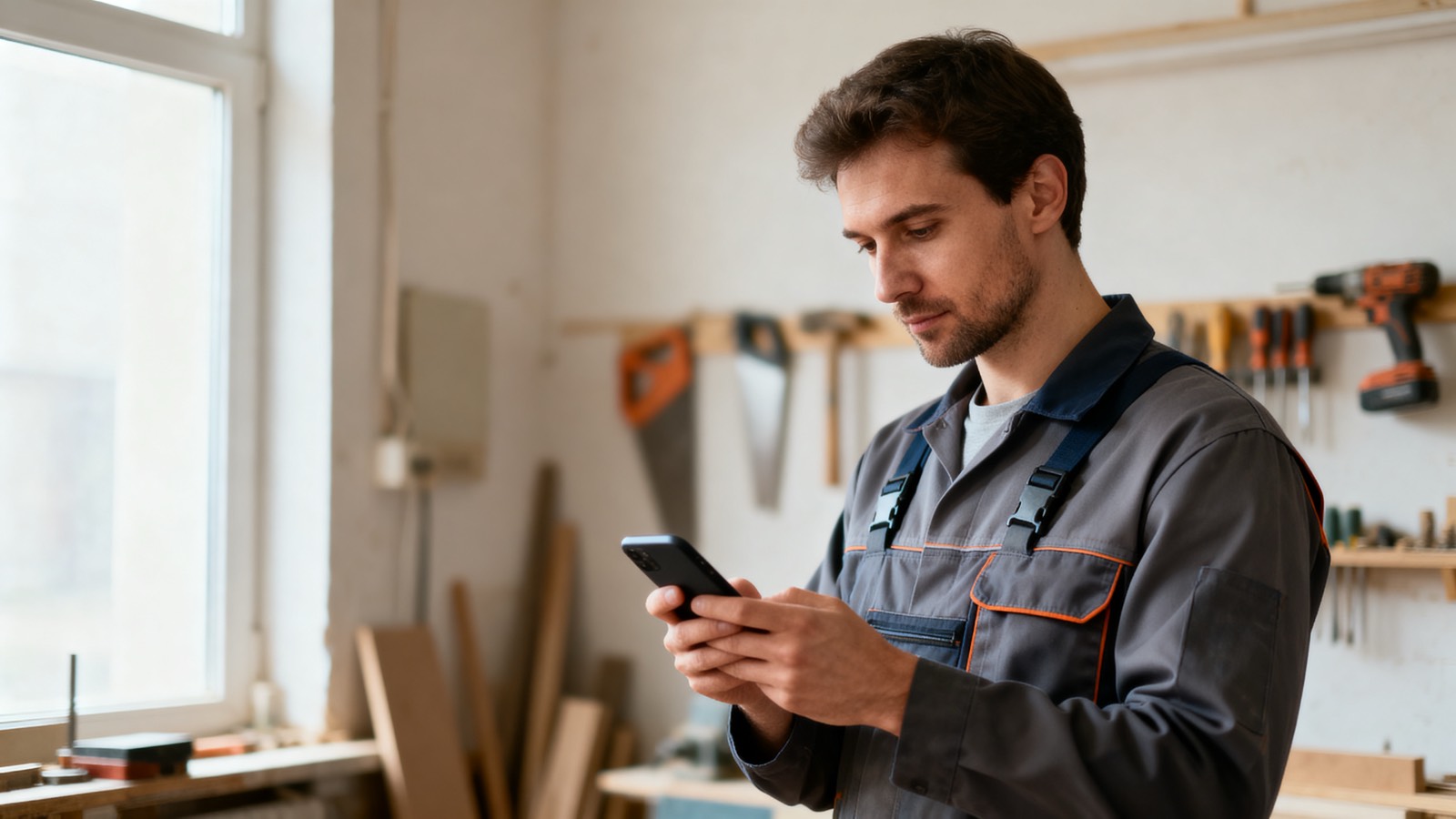 Handwerker im Werkstattlicht schaut auf sein Smartphone und prüft eine neu eingegangene Bewertung