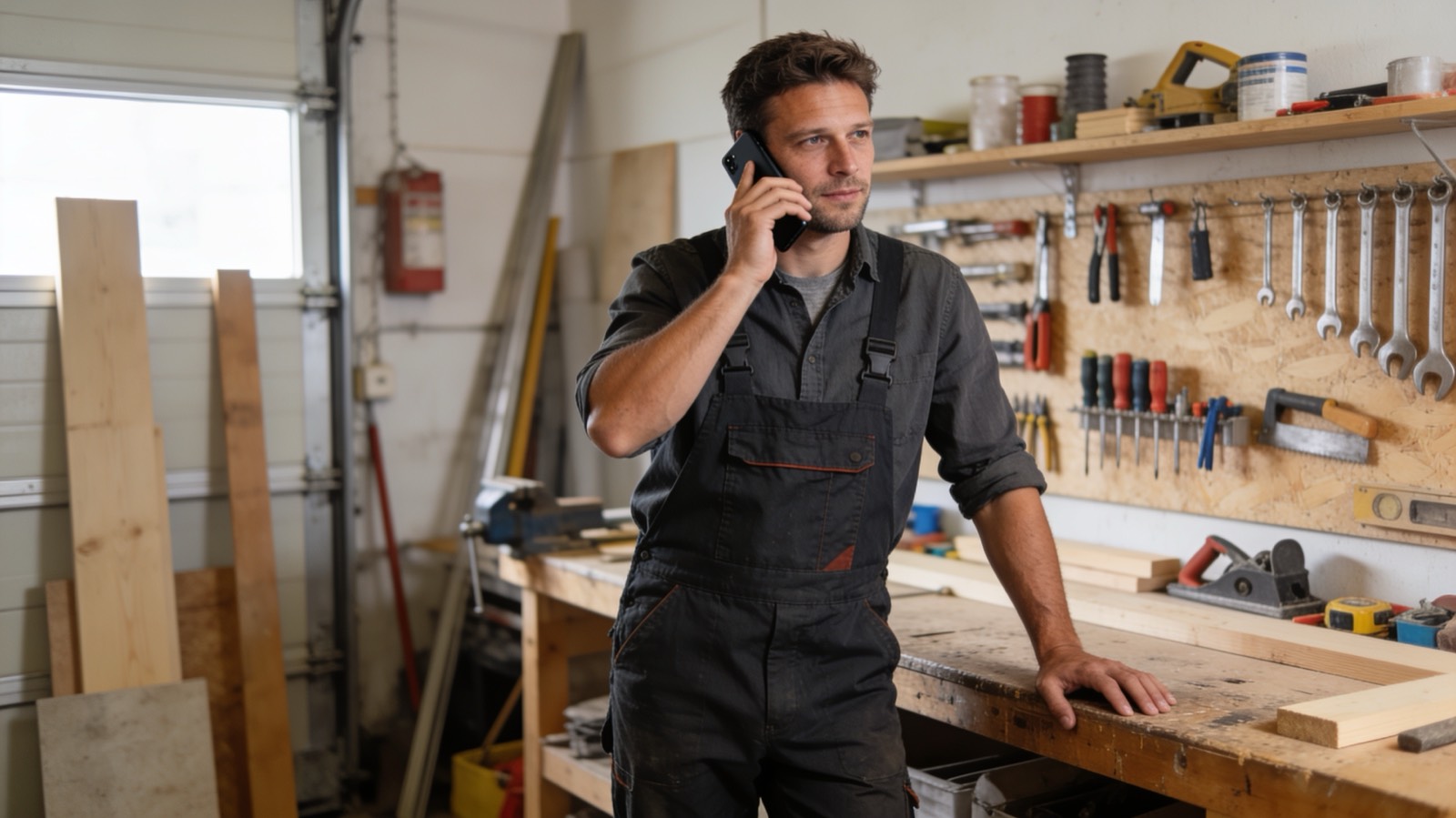 Handwerker schaut auf dem Smartphone auf die Kontaktseite seiner Website und wählt eine Telefonnummer