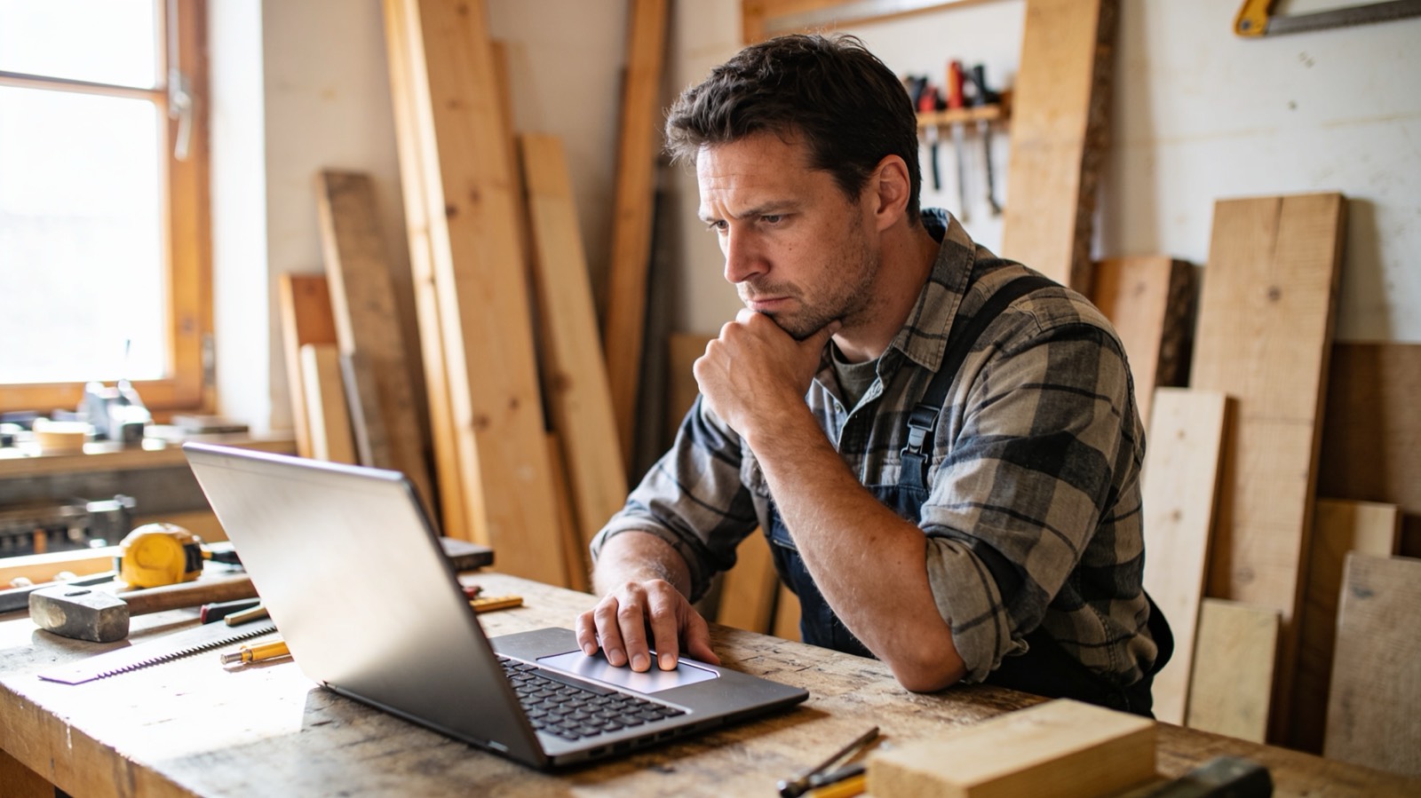 Handwerker prüft am Werkstatttisch die eigene Website auf dem Laptop und vergleicht seine Optionen