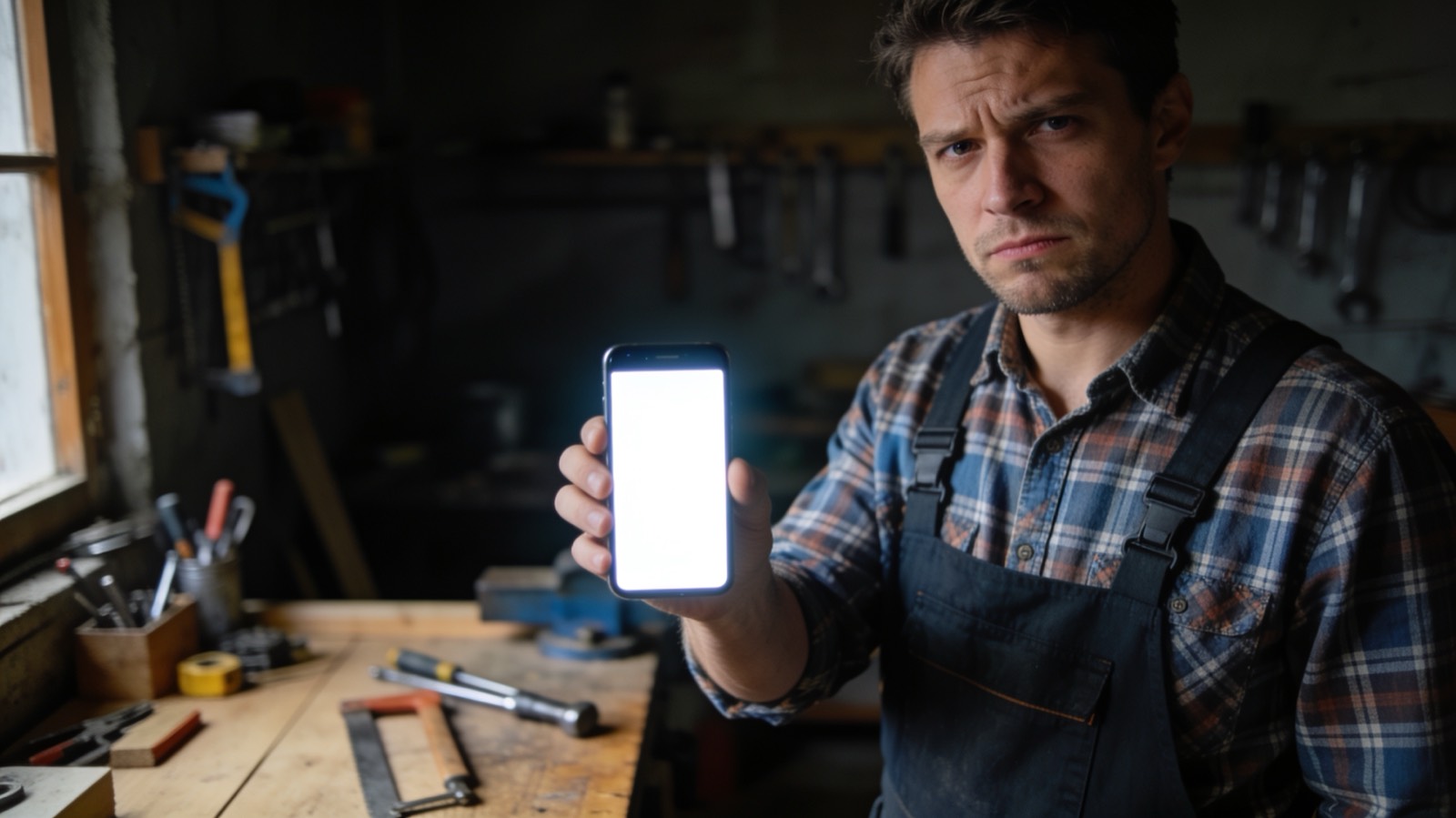 Handwerker prüft im Werkstattlicht seine eigene Website auf dem Smartphone und wartet sichtbar auf den Seitenaufbau