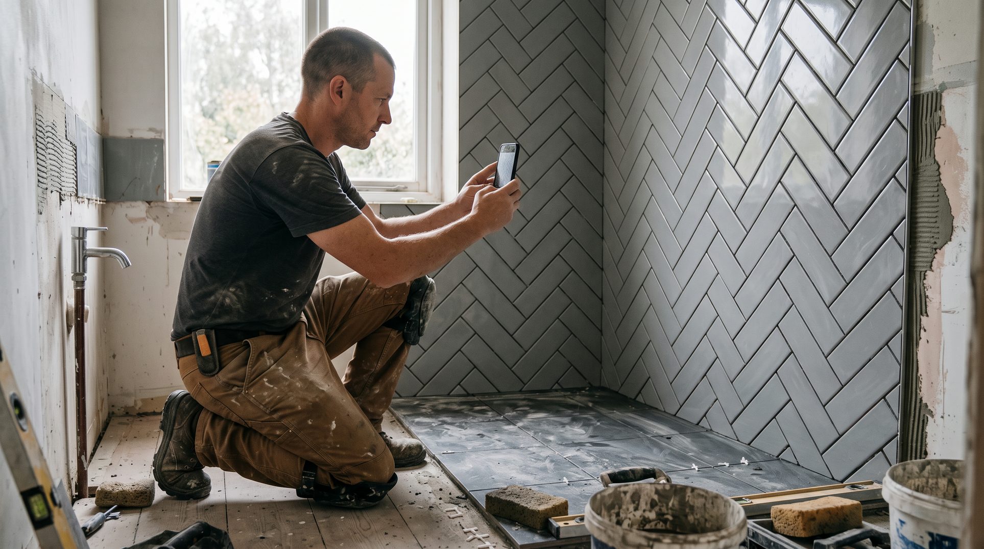 Fliesenleger fotografiert mit dem Smartphone eine frisch geflieste Badwand für eine eigene Meta-Anzeige