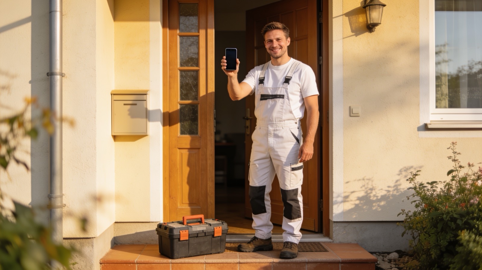 Handwerker hält vor der Haustür ein Smartphone mit geöffnetem Fünf-Sterne-Bewertungsformular