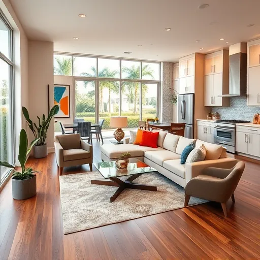 Modern living space in Royal Palm Beach FL featuring hardwood floors, large windows, and elegant furnishings.