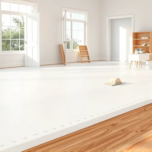 Pristine drywall repair with smooth seamless joints in a bright modern room with polished hardwood floors in Port Saint Lucie Florida