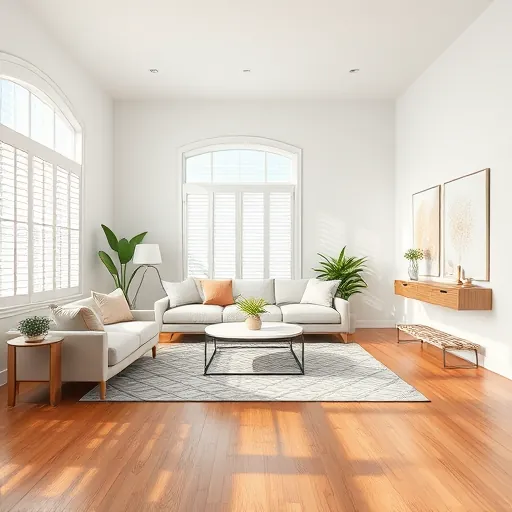Freshly painted modern living room in Port St. Lucie Florida with white walls, coral accent wall, hardwood floors, and coastal decor
