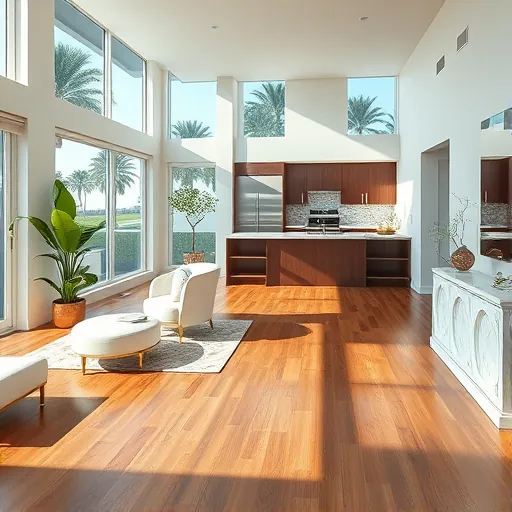 Beautifully remodeled living room in Royal Palm Beach with natural light, hardwood floors, and modern kitchen design.