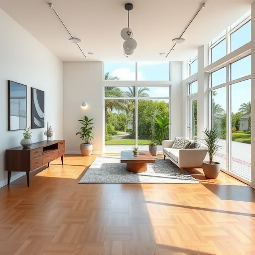 Bright modern garage conversion in Port St Lucie Florida with spacious interiors, hardwood floors, lush greenery outside