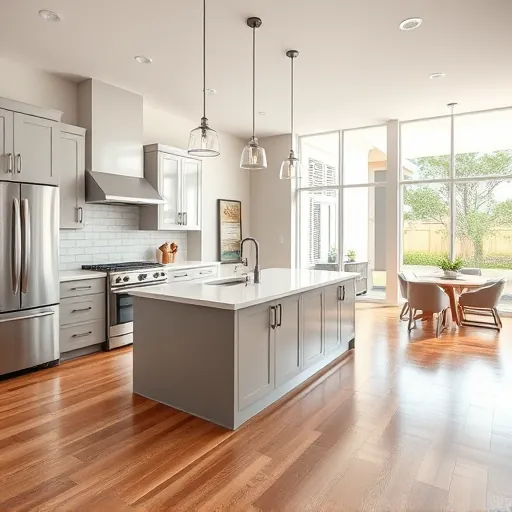 Recently remodeled modern kitchen in Greenacres FL with sleek cabinetry quartz countertops stainless steel appliances large island pendant lighting polished hardwood floors neutral tones subway tile backsplash organized dining and living areas