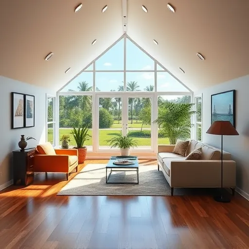 Bright attic conversion in Port St Lucie with large windows, modern furniture, hardwood floors and lush Florida view