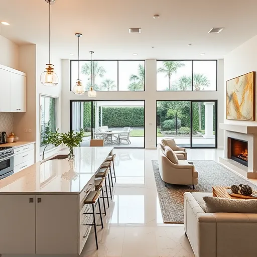 Stunning modern kitchen in Stuart FL with sleek appliances, glossy cabinetry, elegant granite, and open living area.