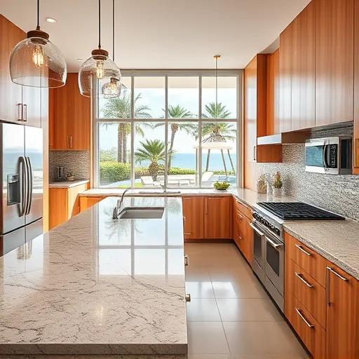 Renovated Juno Beach Florida kitchen with granite countertops stainless appliances wooden cabinetry island pendant lighting ocean view