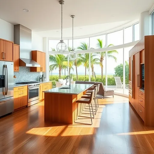 Beautiful renovated Vero Beach kitchen with modern appliances, granite countertops, custom wood cabinetry, and coastal outdoor views