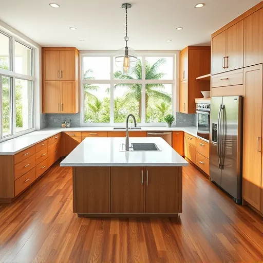 Renovated Indian River Shores Florida kitchen with quartz countertops stainless steel appliances custom wood cabinets large central island and scenic windows