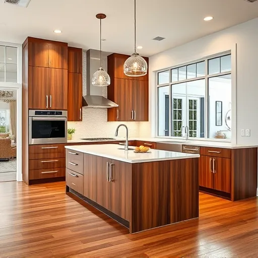 Completed modern kitchen in Royal Palm Beach FL with wood cabinets, marble island, stainless steel appliances, and hardwood floors