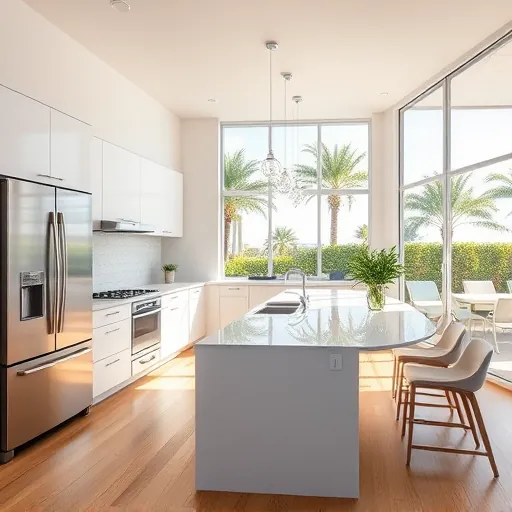 Renovated Briny Breezes kitchen with modern cabinetry, stainless steel appliances, quartz countertops, hardwood floors, and tropical outdoor views