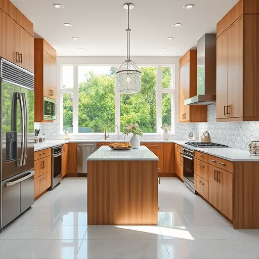 Remodeled Jupiter Florida kitchen with modern stainless appliances quartz countertops warm wood cabinets large island sunny windows coastal decor