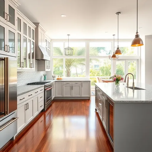 Renovated modern kitchen in Port St. Lucie Florida with sleek cabinets granite countertops stainless steel appliances and large windows showing greenery