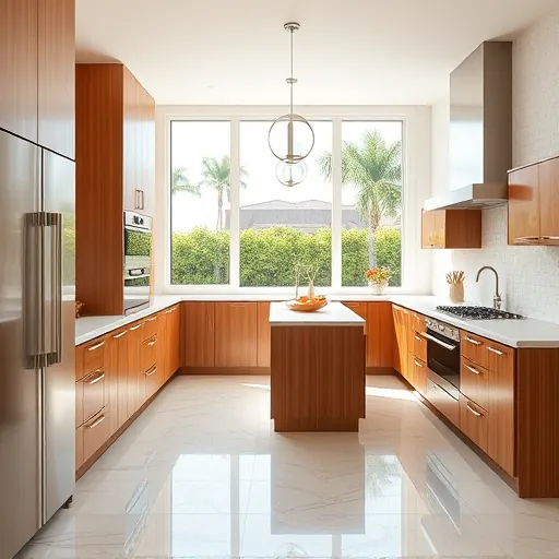 Renovated Manalapan FL kitchen with warm wood cabinetry quartz countertops stainless steel appliances tropical backyard light filled spacious