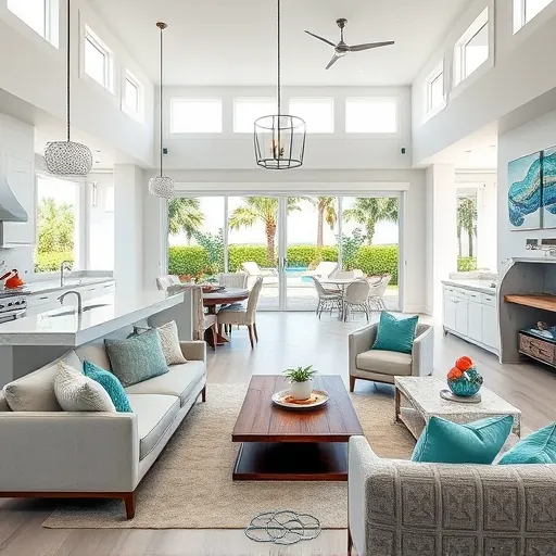 Completed home remodel in Treasure Coast FL, open-concept living space with coastal charm, inviting kitchen and outdoor patio.