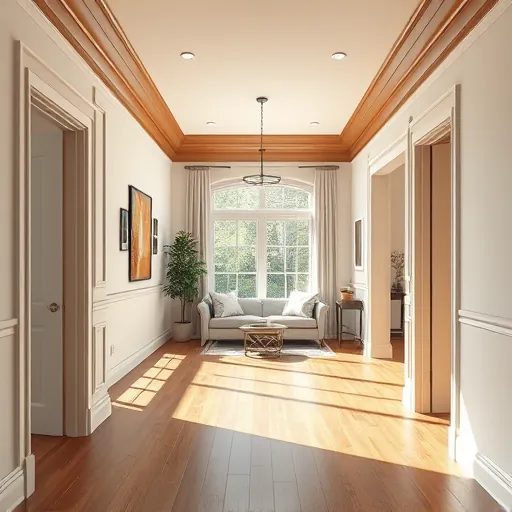 Finished stylish residential interior with detailed crown molding baseboards and door trim in a well-lit living room
