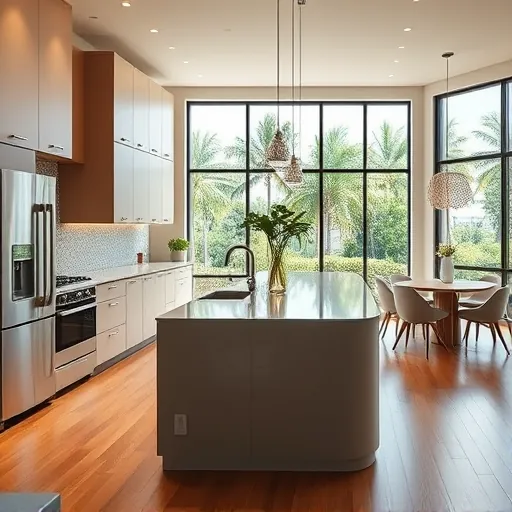 Renovated Tequesta FL kitchen with sleek matte cabinets stainless steel appliances quartz countertops tropical outdoor views