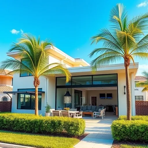 Recently completed modern home addition in Port St. Lucie Florida with energy-efficient windows, tropical landscaping, and stylish outdoor patio