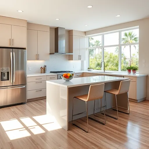 Remodeled Riviera Beach FL kitchen with modern matte cabinetry, stainless steel appliances, quartz countertops, hardwood flooring, coastal decor, and natural sunlight